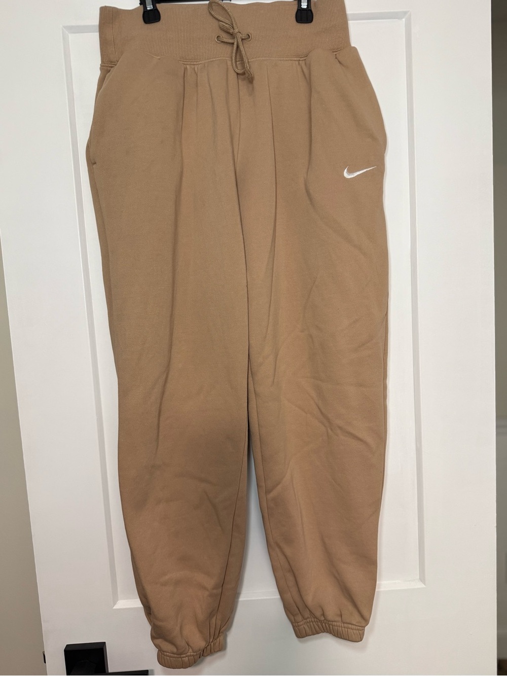 Nike Women’s Tan Drawstring Fleece Joggers with White Swoosh
